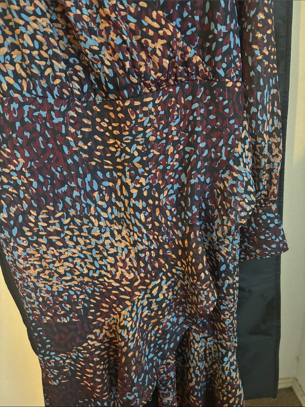 Express Navy Multi-Spot Ruffle Wrap Dress - Picture 2 of 6